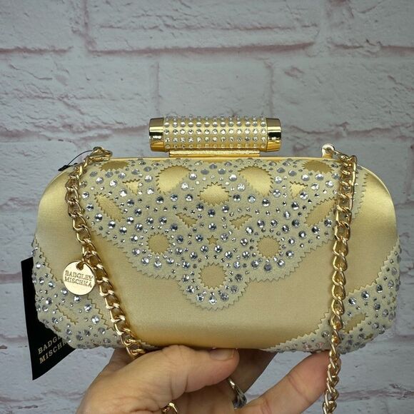 Badgley Mischka Crystal Gold Wrapped Framed Chain Clutch Crossbody NWT - Picture 2 of 12